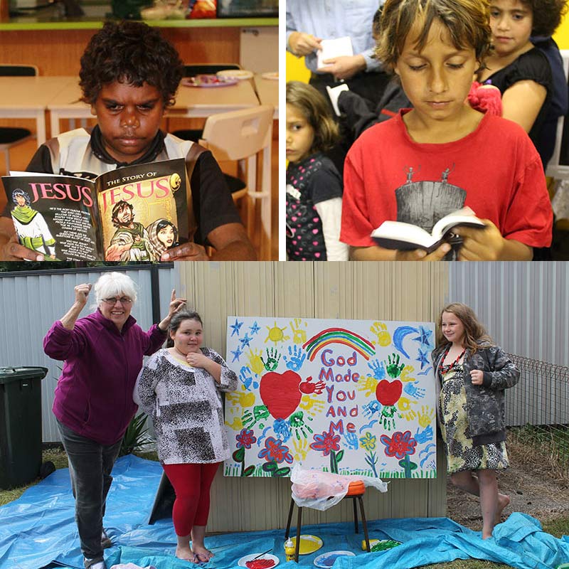 children reading bible materials and carol schaeffer with kids and mural